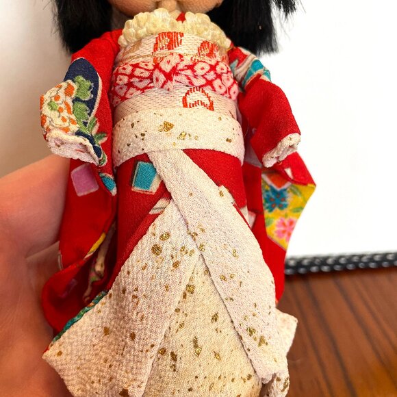 Vintage Japanese Doll Cloth Face - Fabric Kokeshi Kawaii Doll - Red Kimono - Picture 8 of 12